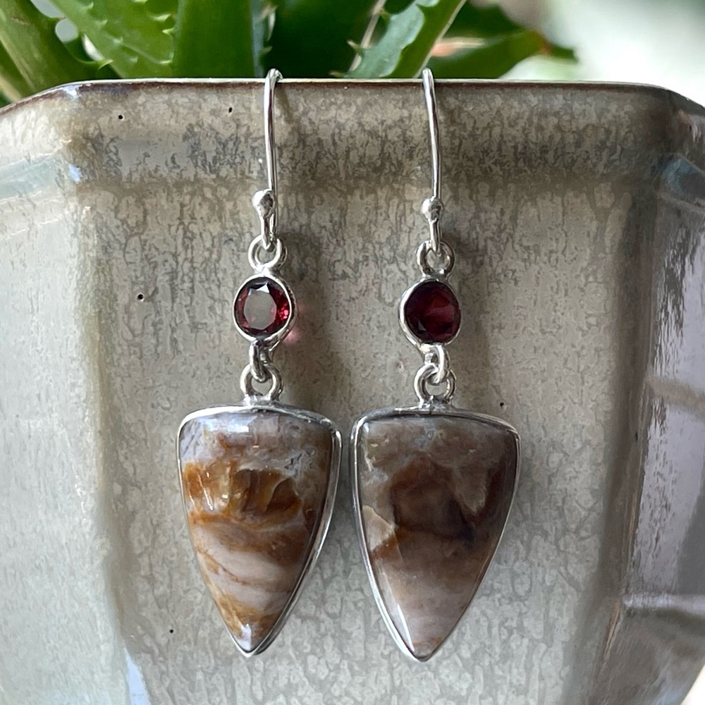 Natural Australian Crazy Lace Agate & Garnet Sterling Silver Earrings